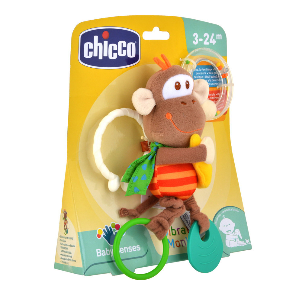 CHICCO Rágóka/csörgő vibráló majom használat közben