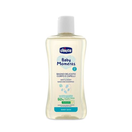 CHICCO Baby Moments kímélő sampon hajra és testre 92 % természetes összetevőkkel 200 ml