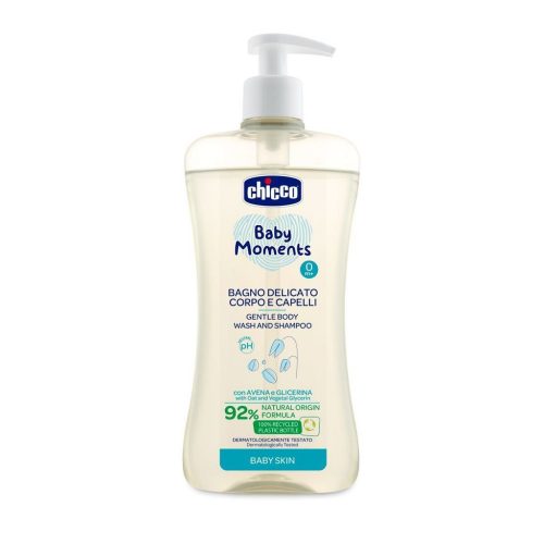 CHICCO Sampon kímélő a hajra és testre adagolóval Baby Moments 92 % természetes összetevőkkel 500 ml