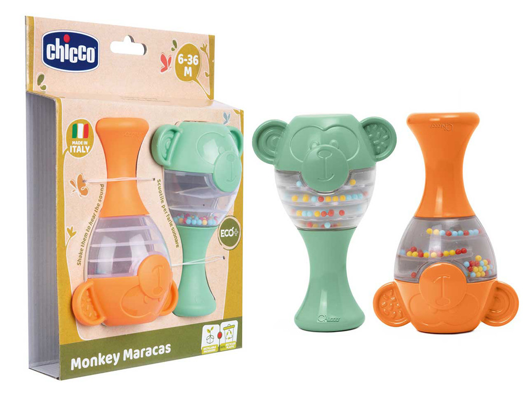 CHICCO Zörgő Maracas Majom Eco+ 6h+ - Színes és szórakoztató játék.