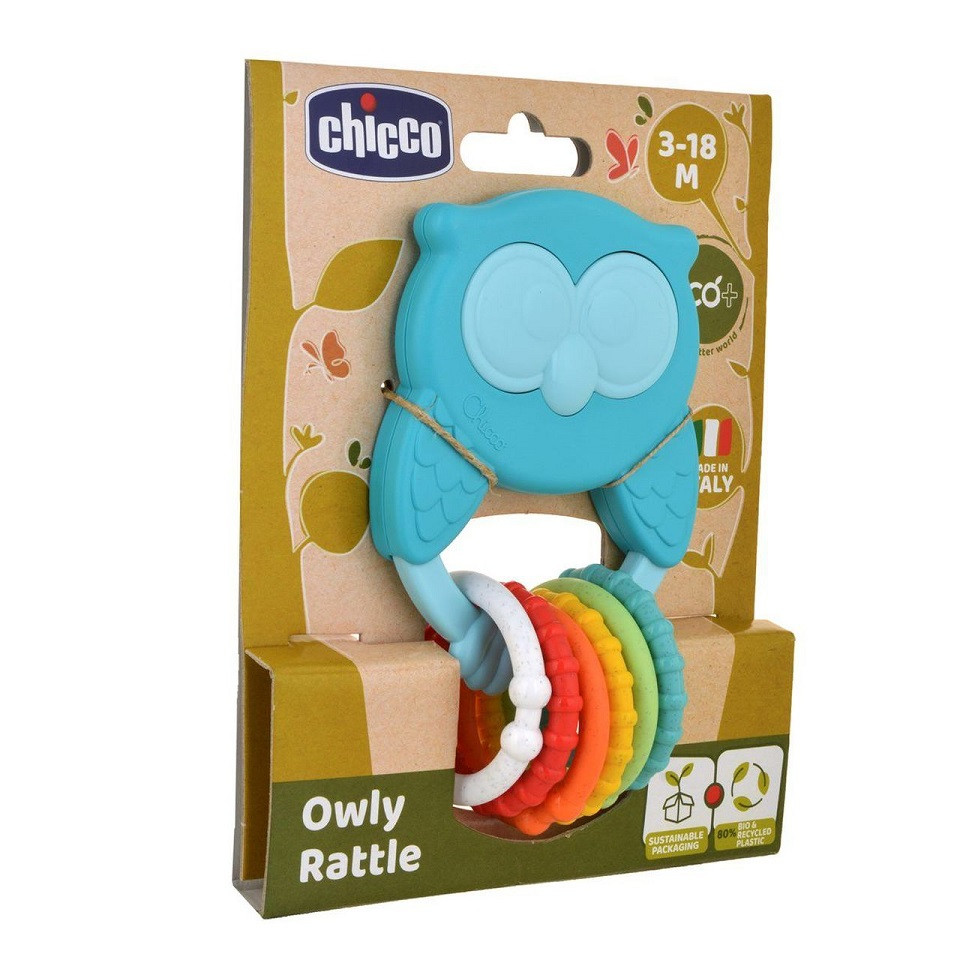 CHICCO Rágóka csörgővel és érzékszervi gyűrűkkel Eco+ Bagoly Owly használat közben