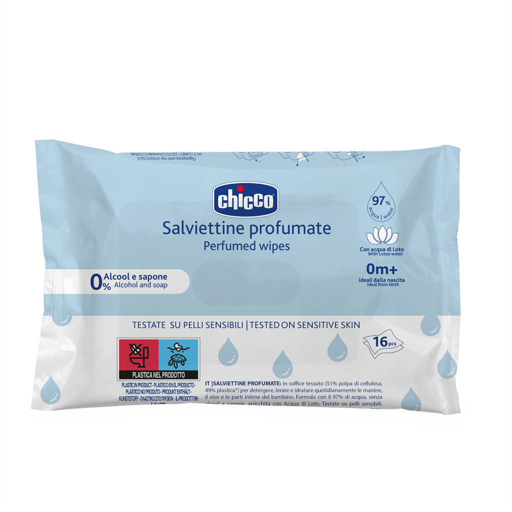 CHICCO Gyermek nedves törlőkendők finoman illatosítva táskába 16 db