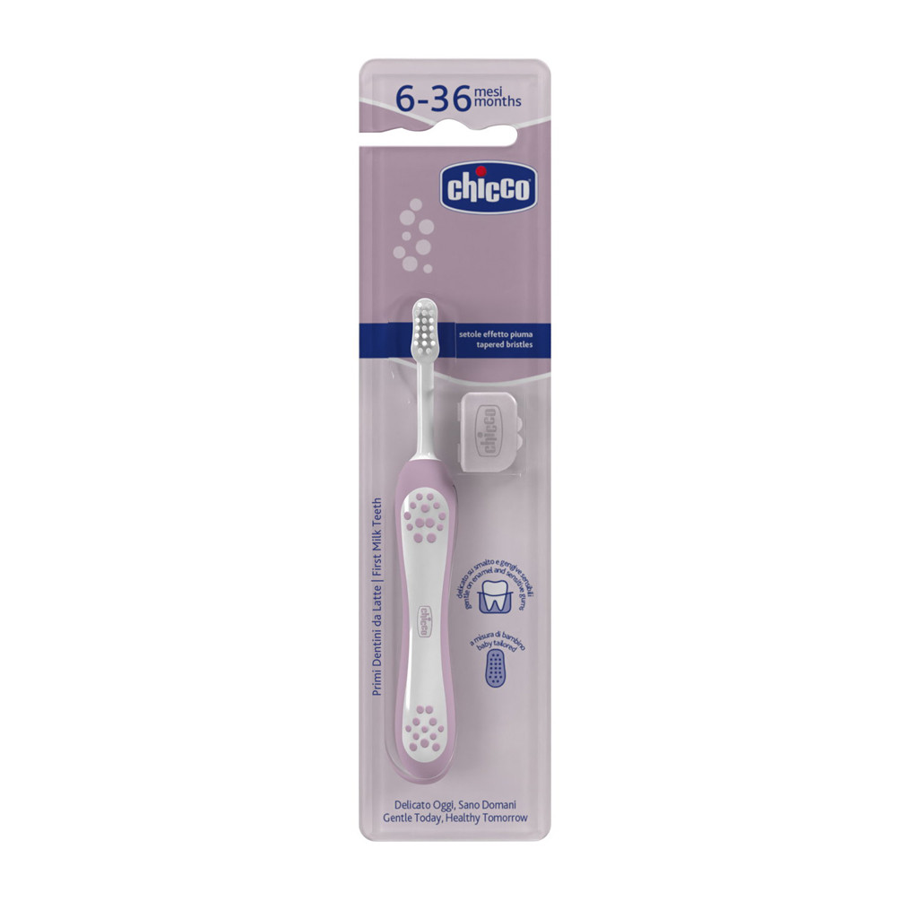 CHICCO Gyermek fogkefe Lilac 6-36m használat közben