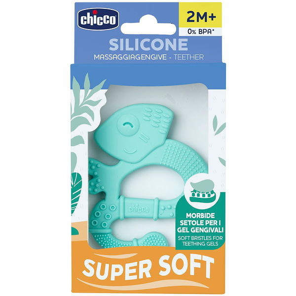 CHICCO Szilikon rágóka Super Soft Chameleon kék használat közben