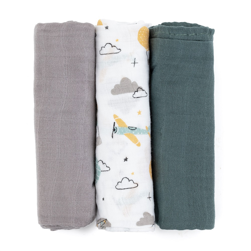 PETITE&MARS Bambusz muszlin pelenka szett Moussy Grey Planes, 68 x 68 cm