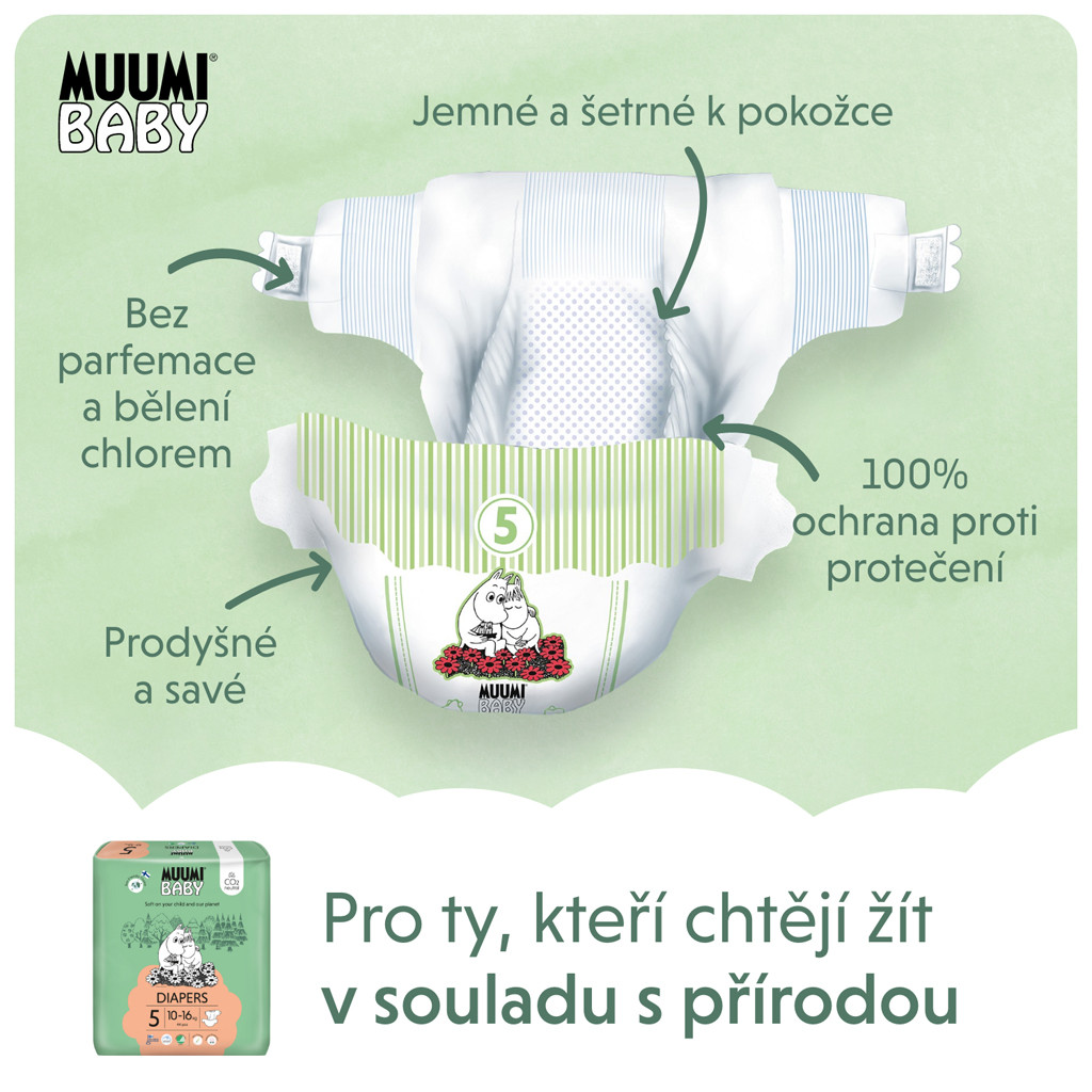 MUUMI Baby 5 Maxi+ 10-16 kg (132 db) eco pelenka használat közben