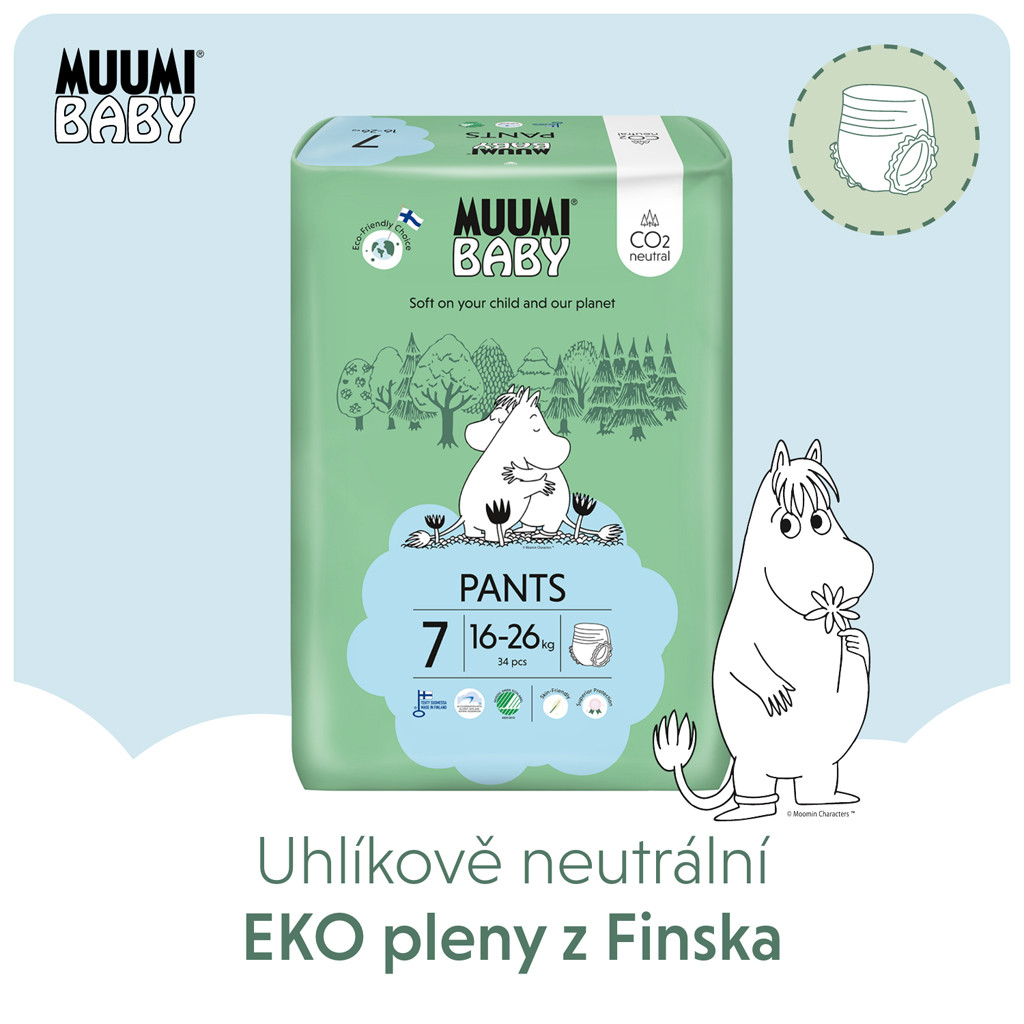 MUUMI Baby Pants 7 XL 16-26 kg (102 db) havi csomagolású nadrágpelenka eco pelenka használat közben