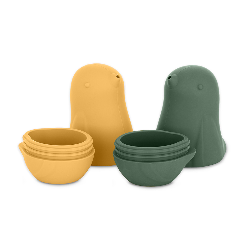 PETITE&MARS Szilikon fürdőjáték Love birds Ochre Green 6hó+ felhasználás közben