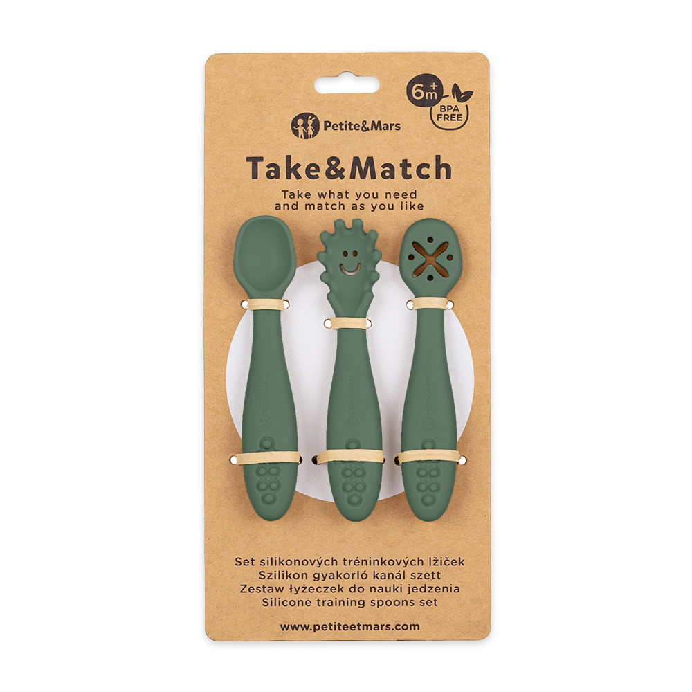 PETITE&MARS Szilikon gyakorló kanál szett 3 db Take&Match Misty Green 6m+