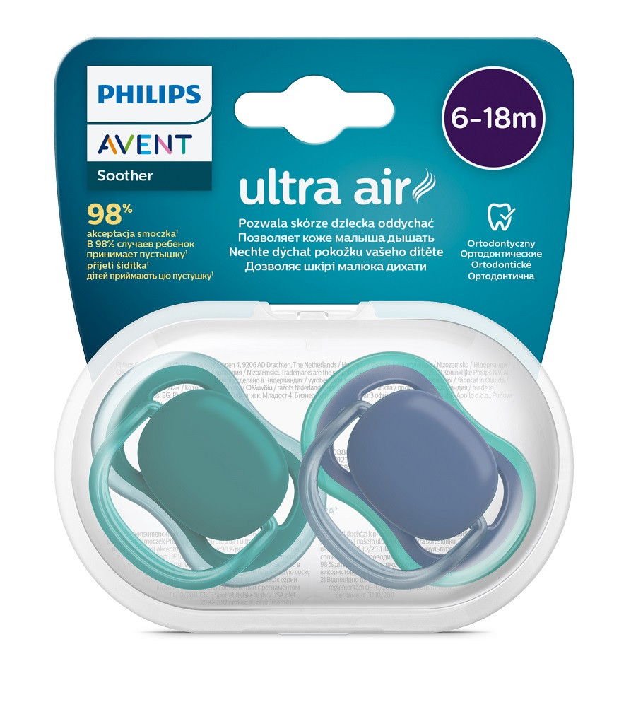 Philips AVENT SCF085/31 Játszócumi Ultra air neutral 6-18hó fiús kék, 2db - közeli kép a szellőzőnyílásokról
