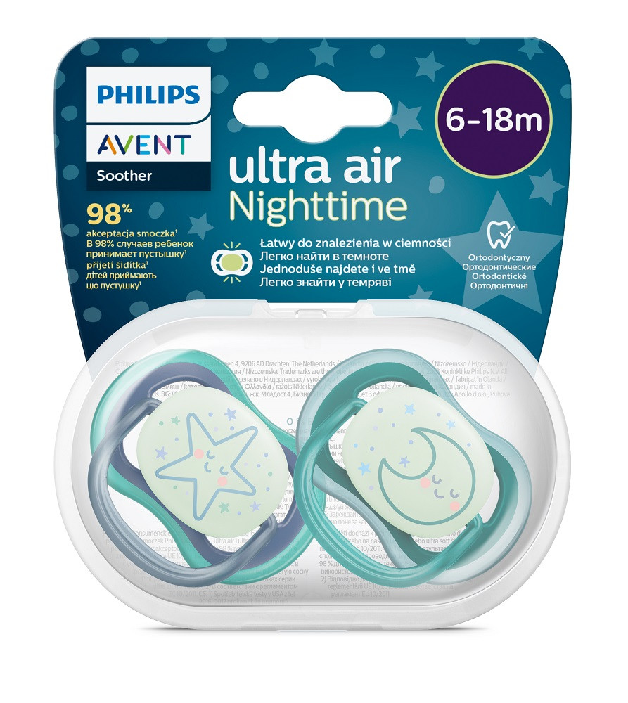 Philips AVENT SCF376/13 Játszócumi Ultra air éjszakai 6-18hó fiús, 2db használat közben