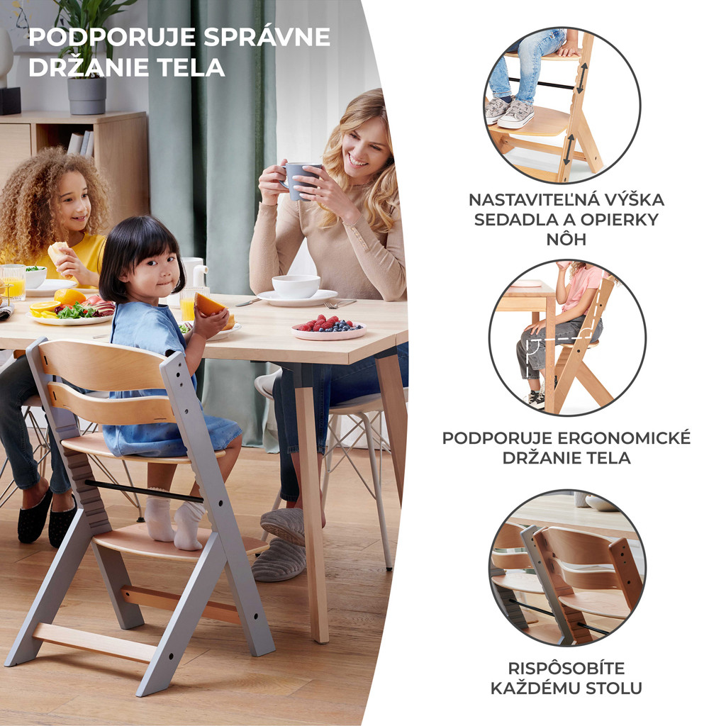 KINDERKRAFT Etetőszék Enock Wooden részlet, állítható lábtartó és ülésmagasság