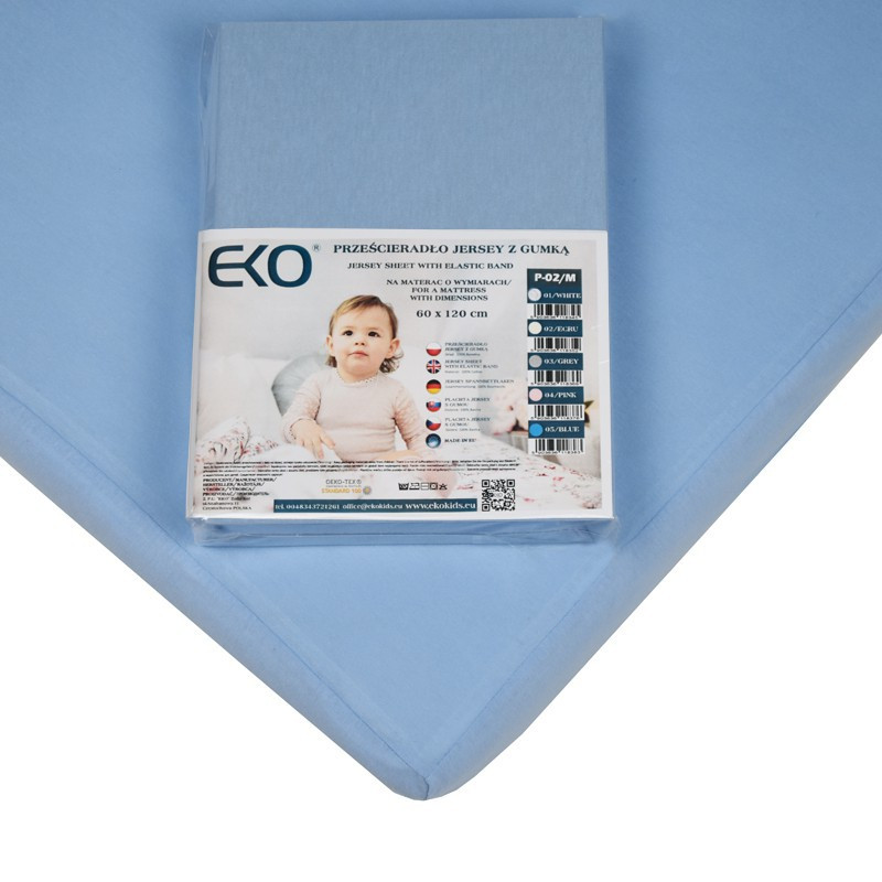 EKO Lepedő gumírozott jersey kék 120x60 cm használat közben