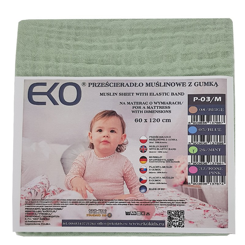 EKO Muszlin lepedő Mentol 60x120 cm - Közelkép