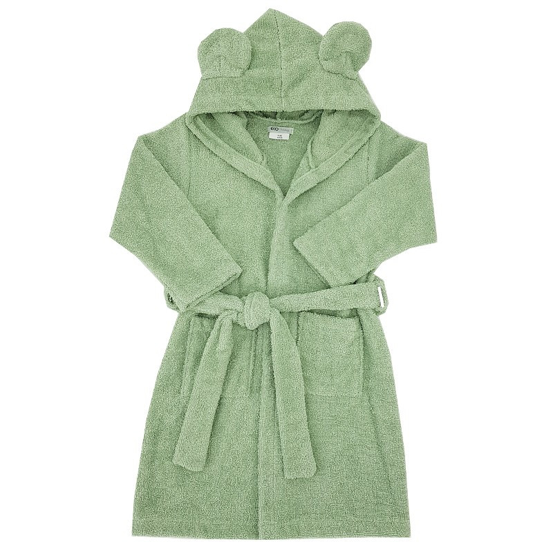 EKO Köntös pamutból kapucnival és fülekkel Olive green viselve