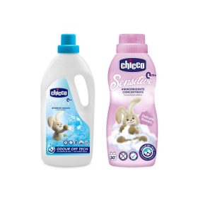   CHICCO Sensitive gyermek mosószer 1,5 l + Koncentrált öblítő Virágos ölelés 750 ml