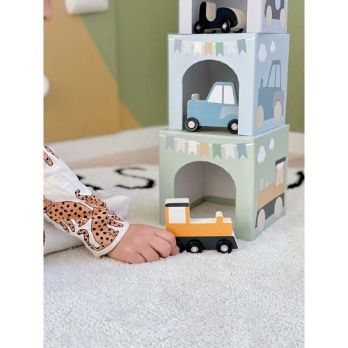 Toronyépítő kocka fa járművekkel Jabadabado