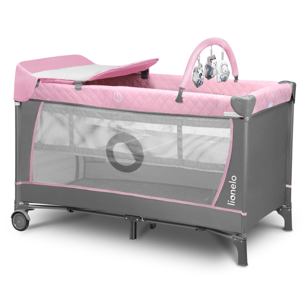 Lionelo Utazóágy Flower Pink - Kihajtva, rózsaszín virágmintával