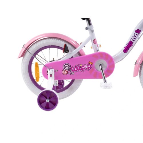 14 colos gyermekbicikli Chipmunk Lollipop pótkerekekkel, rózsaszín és fehér színben