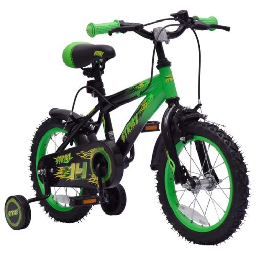 14 colos gyerekkerékpár Strike pótkerekekkel, zöld/fekete