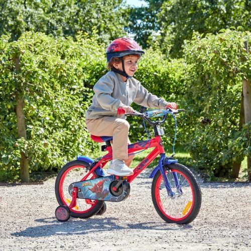 16 colos gyerekbicikli Pókember pótkerekekkel, piros/kék