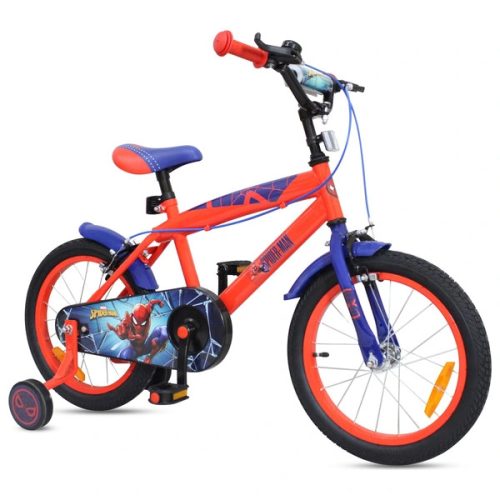 16 colos gyerekbicikli Pókember pótkerekekkel, piros/kék