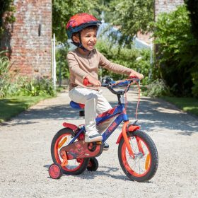 14 colos gyerekbicikli Pókember pótkerekekkel, kék/piros